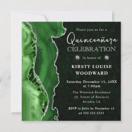 Invitación Elegante Verde Plata Brillo Agata Quinceanera