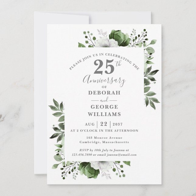 Invitación Elegante verde plateado 25° aniversario Boda (Anverso)