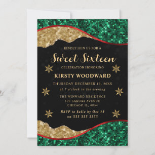 Invitación Elegante Verde Rojo y Dorado Copo de Nieve Cumple 