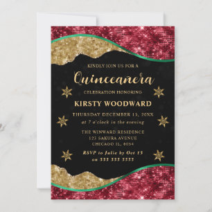 Invitación Elegante Verde Rojo y Dorado Copo de Nieve Quincea