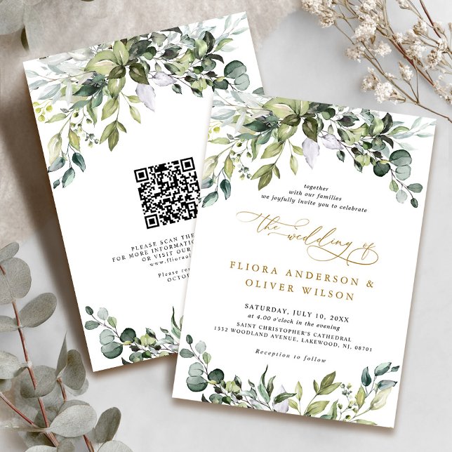Invitación Elegante verde Rústico Boda de código QR botánico (Elegant Greenery Rustic Botanical QR Code Wedding Invitation)