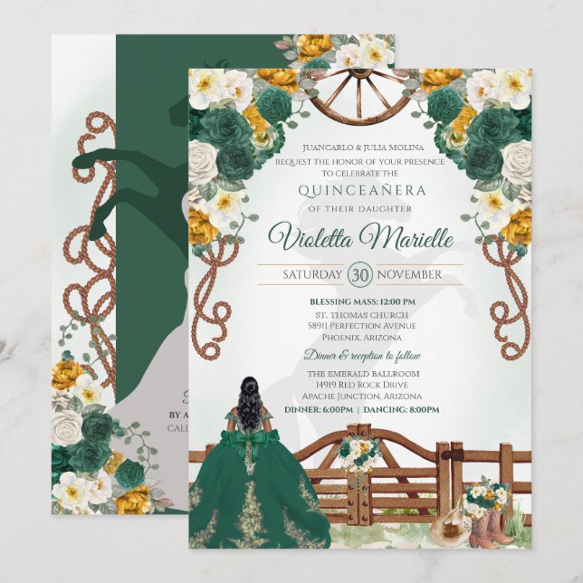 Invitación Elegante verde Rústico Charro Occidental Quinceane (Anverso / Reverso)