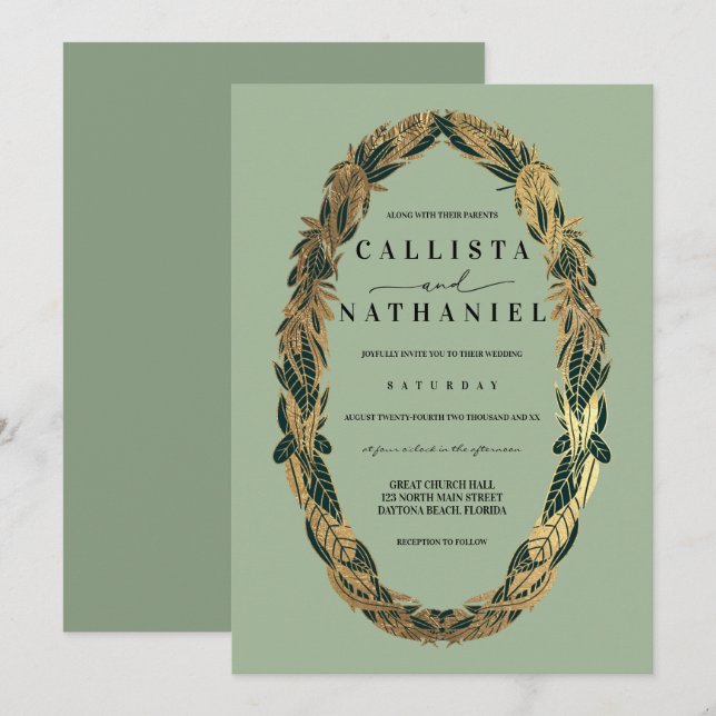 Invitación Elegante verde sabio dorado deja Boda (Anverso / Reverso)