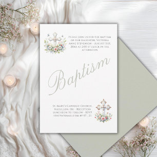 Invitación Elegante Verde Salvia Bautizo Religioso de Bebé