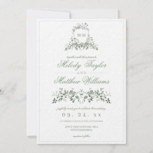 Invitación Elegante Verde Salvia Floral Crest Francés Boda