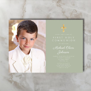 Invitación Elegante Verde Salvia Foto Niño Primera Comunión