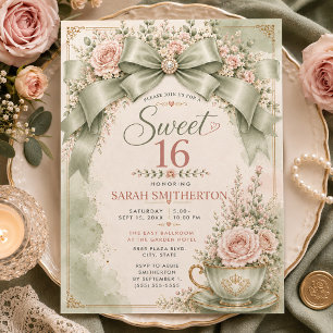 Invitación Elegante Verde Salvia Rubor Coqueta Lazo Dulces 16