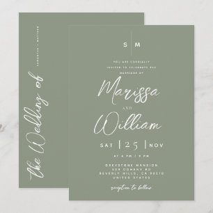 Invitación Elegante Verde Salvia y Blanco Bodas con Letra Mod