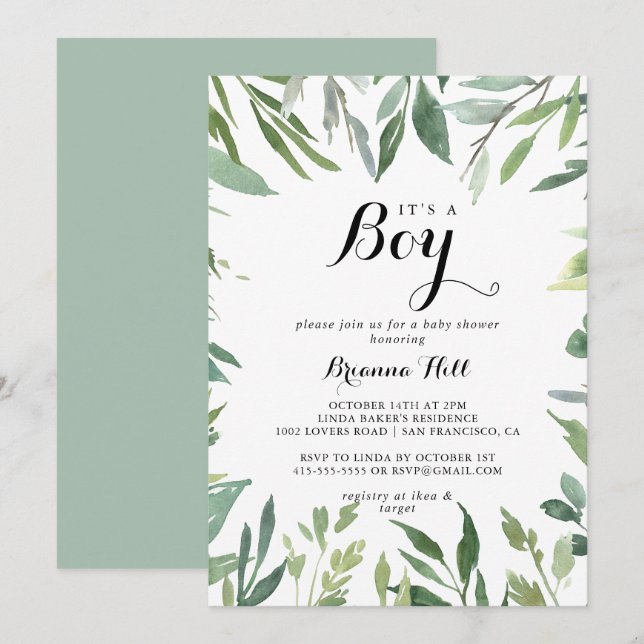 Invitación Elegante verde tropical es un joven Baby Shower (Anverso / Reverso)