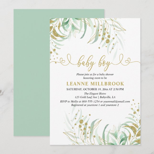 Invitación Elegante verde verde Green y Gold Boy Baby Shower (Anverso / Reverso)