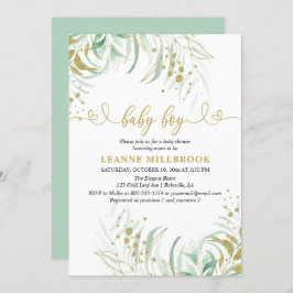 Invitación Elegante verde verde Green y Gold Boy Baby Shower