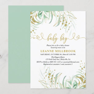 Invitación Elegante verde verde Green y Gold Boy Baby Shower
