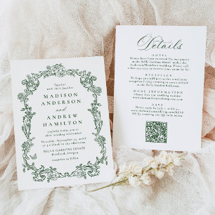 Invitación Elegante Verde Victoriano Floral Todo en Uno Boda