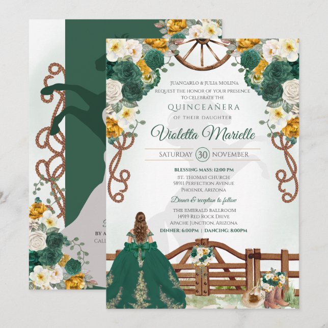Invitación Elegante verde y amarillo Charro Occidental Quince (Anverso / Reverso)