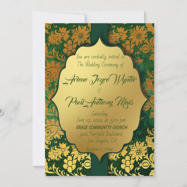 Invitación Elegante verde y dorado (Anverso)