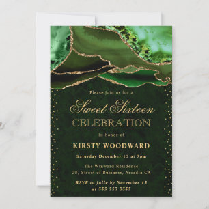 Invitación Elegante Verde y Dorado Agata Brillante Cumpleaños
