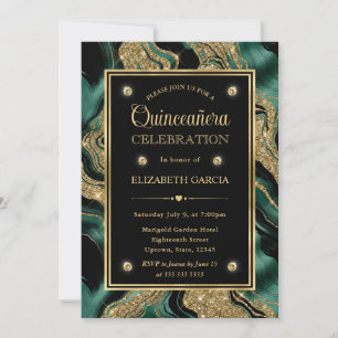 Invitación Elegante Verde y Dorado Agata Brillante Quinceañer