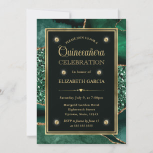 Invitación Elegante Verde y Dorado Agata Quinceañera Brillant