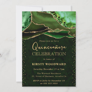 Invitación Elegante Verde y Dorado Agate Brillante Quinceaner
