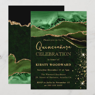 Invitación Elegante Verde y Dorado Brillo Agata Quinceanera