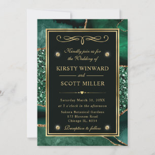 Invitación Elegante Verde y Dorado Brillo Océano Ágata Boda