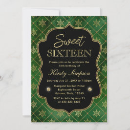 Invitación Elegante verde y dorado copos de nieve de invierno