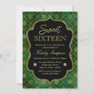 Invitación Elegante verde y dorado copos de nieve de invierno