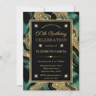 Invitación Elegante Verde y Dorado Cumpleaños 60 Brillante Ag