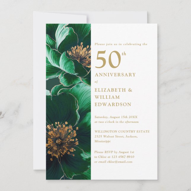 Invitación Elegante Verde y Dorado Floral 50 Aniversario (Anverso)