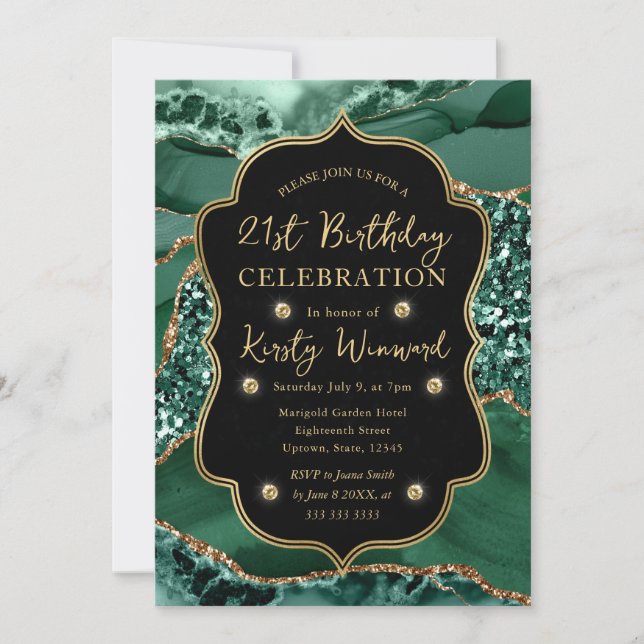 Invitación Elegante Verde y Dorado Glitter Agata Cumpleaños 2 (Anverso)