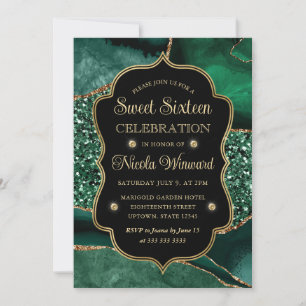 Invitación Elegante Verde y Dorado Glitter Agata Dulces Dieci