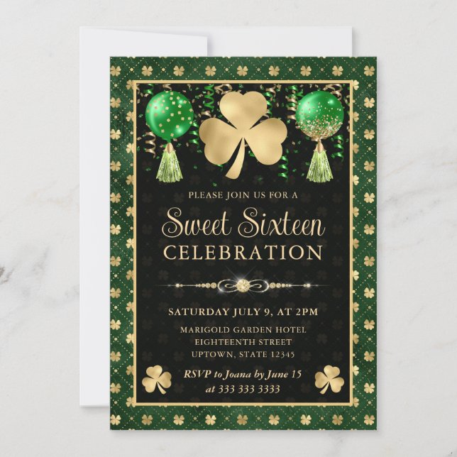 Invitación Elegante verde y dorado Shamrock Sweet 16 (Anverso)