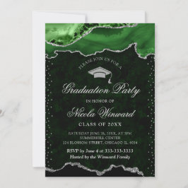 Invitación Elegante Verde y Mármol de Ágata Plateada de Gradu