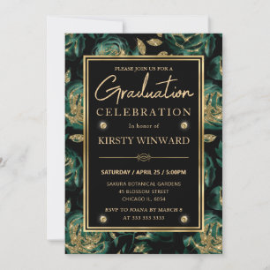 Invitación Elegante Verde y Oro Rosa Floral Graduación