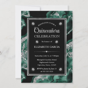 Invitación Elegante Verde y Plata Brillo Agata Quinceañera