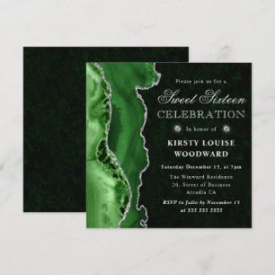 Invitación Elegante Verde y Plata Glitter Agata Dulces Diecis
