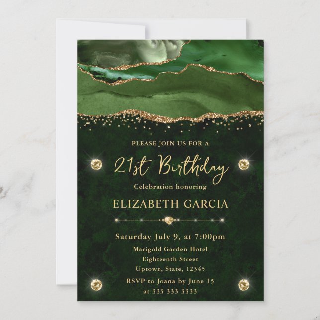 Invitación Elegante verde y Purpurina de oro Agate 21º cumple (Anverso)