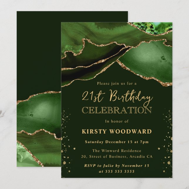 Invitación Elegante verde y Purpurina de oro Agate 21º cumple (Anverso / Reverso)