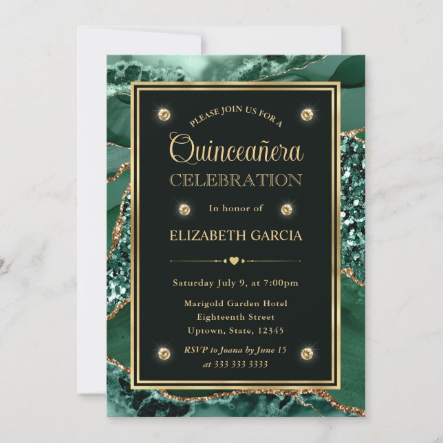 Invitación Elegante verde y Purpurina de oro Agate Quinceaner (Anverso)