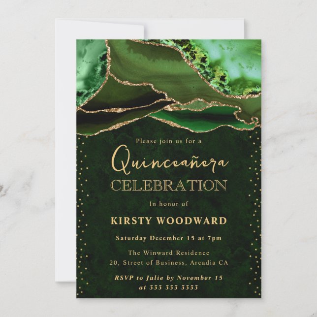 Invitación Elegante verde y Purpurina de oro Agate Quinceaner (Anverso)
