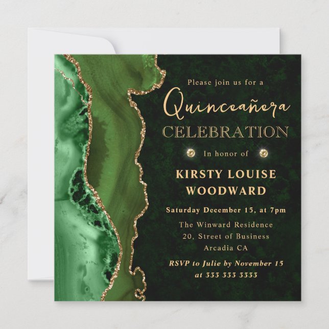 Invitación Elegante verde y Purpurina de oro Agate Quinceaner (Anverso)