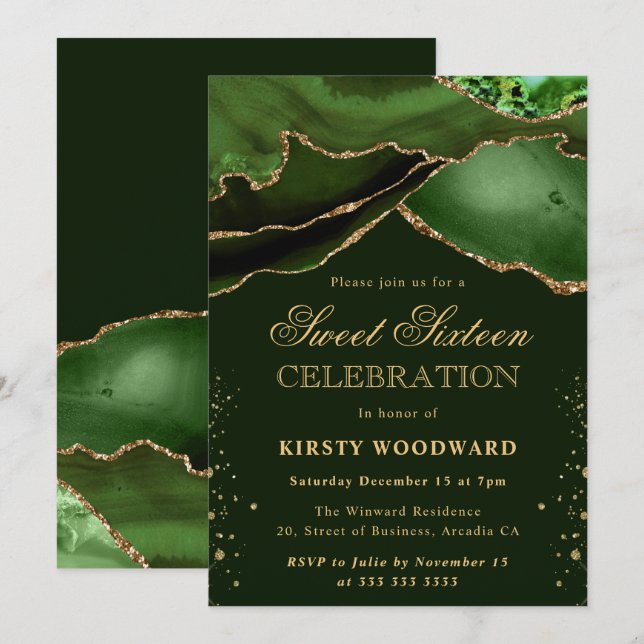 Invitación Elegante verde y Purpurina de oro Agate Sweet 16 (Anverso / Reverso)