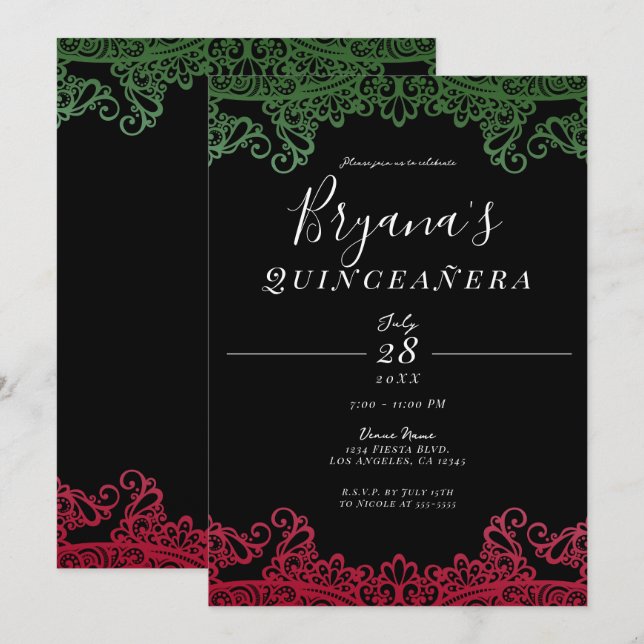 Invitación Elegante verde y rojo negro 15 Fiesta de Quinceañe (Anverso / Reverso)
