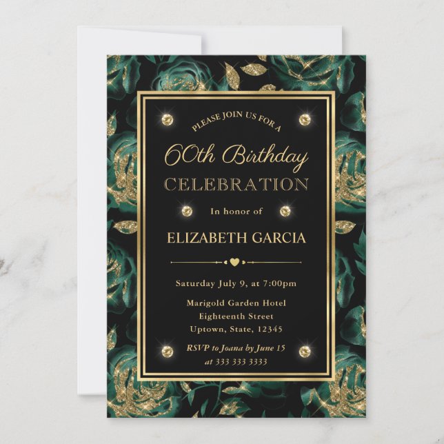 Invitación Elegante verde y Rosa de oro Floral 60 cumpleaños (Anverso)