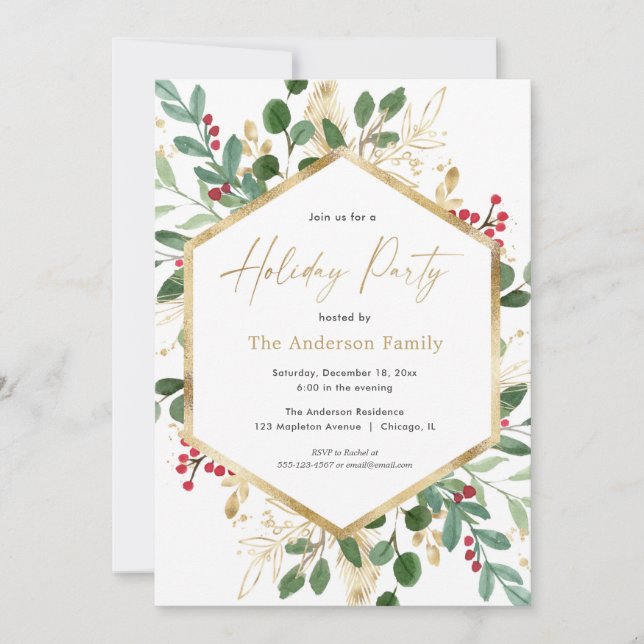 Invitación Elegante verdor de la fiesta navideña rojo y verde (Anverso)
