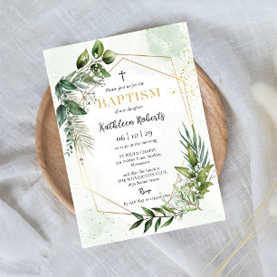 Invitación Elegante Verdor Dorado Floral Foliage Baptismo