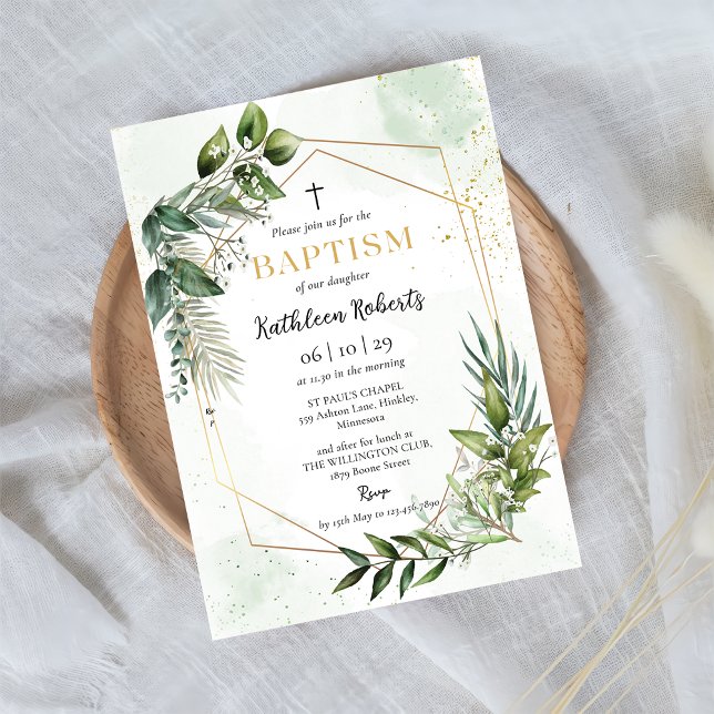 Invitación Elegante Verdor Dorado Floral Foliage Baptismo (Subido por el creador)