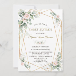 Invitación Elegante Verdor Dorado Floral Rosa Dieciséis
