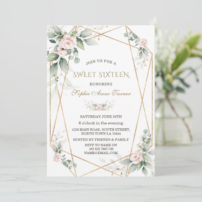 Invitación Elegante Verdor Dorado Floral Rosa Dieciséis (Anverso de pie)
