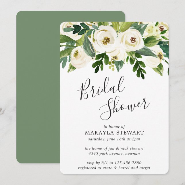 Invitación Elegante Verdor Floral Blanca Ducha Bridal (Anverso / Reverso)
